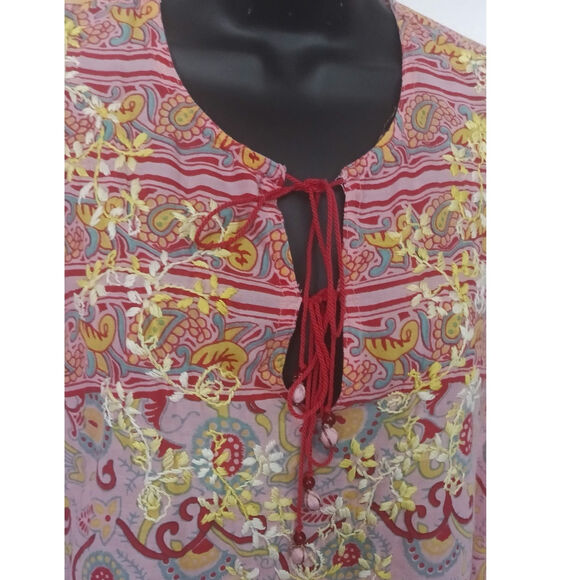 Lucky Brand Boho Embroidered Tunic Top Pink Paisley Long Sleeve XS Cotton India - Picture 4 of 5